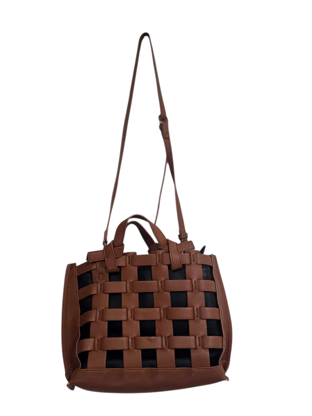 Anthropologie Rio Tote Bag in Brown Woven Cage with Black inner pouch crossbody